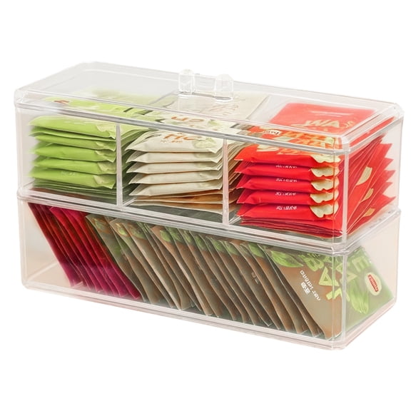 Clear Acrylic Tea Bag Organizer, Coffee Capsule Storage Box with 3 Compartments and 1 Lid, Stackable Tea Packet Storage Container with Lid, 9.2 x 3.7 / 23.3 x 9.5