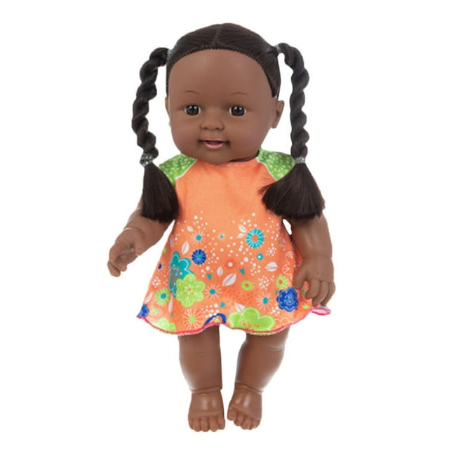 Poupée Bébé Africaine 30Cm Robe Orange Verte Caractéristiques Réalistes Cheveux Bouclés Tête en Vinyle Corps Doux Jouet