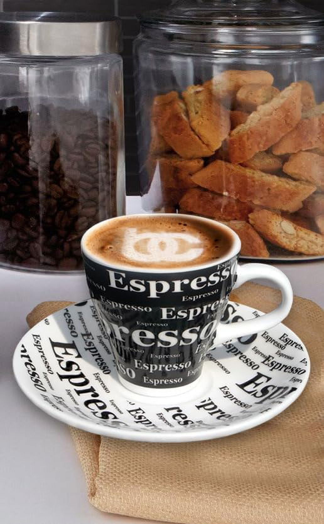 Bene Casa 9-Piece Black & White Espresso Design Demitasse Cup and Saucer Set with Stand