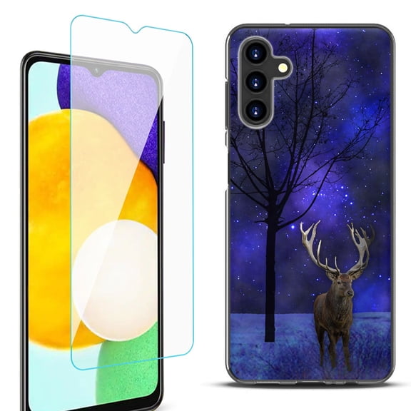 Slim-Fit Protective Fashion Phone Case (Black) for Samsung Galaxy A13 5G, with Tempered Glass Screen Protector, by OneToughShield ® - Midnight Deer
