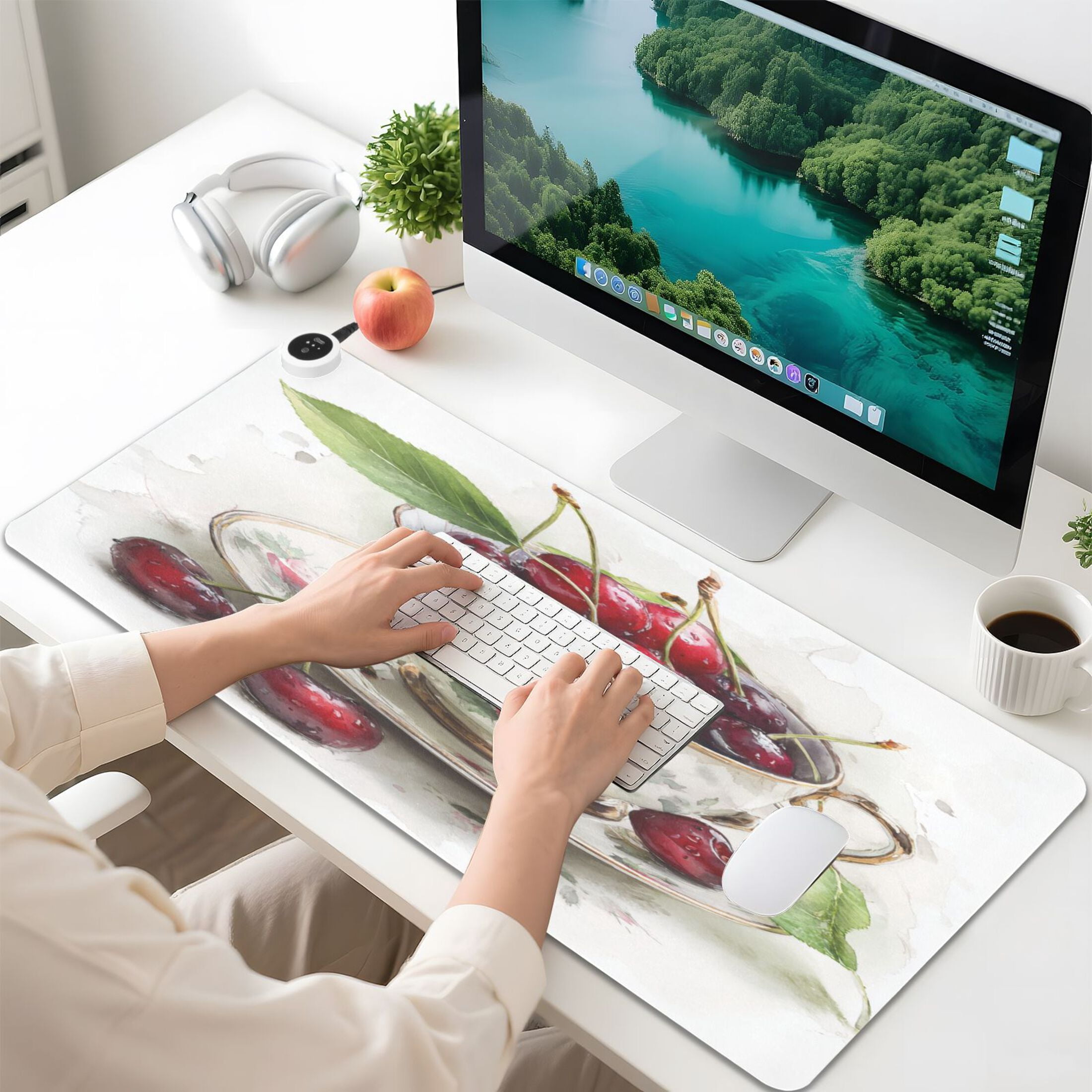 Large Heated Desk Mat Mouse Pad 31.5"x13"PU Leather Graphene Heating Desk Warmer with 3 Temperature Settings 110V US Plug Non-Slip Warm Pad for Home, Office, and Gaming Teacup Filled with Cherries