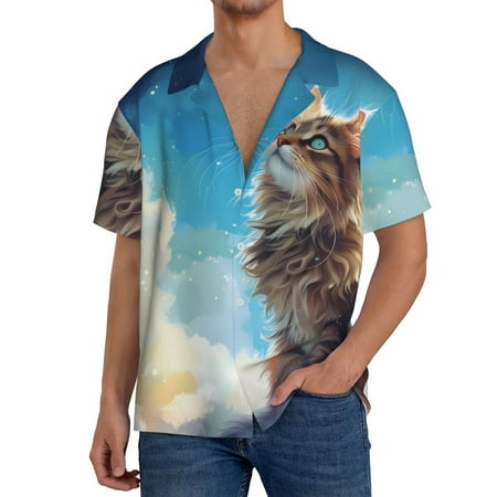 Fuzoiu Blue Sky Winged Cat Print Men s Casual Short Men s Short Sleeve Shirt Mens Casual Button Down Shirts Cuban Collar Summer Shirt for Beach Vacation and Outdoor Activities-Small
