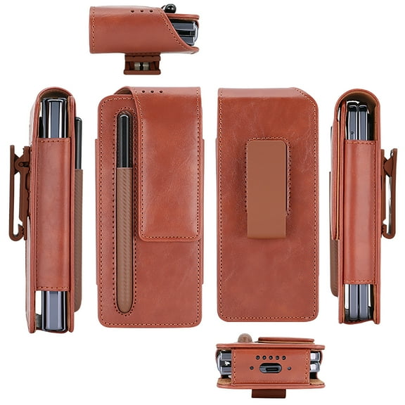 Allytech Galaxy Z Fold5 Case, Business Type Cover with 360 Rotating Belt Clip S Pen Holder Shockproof PU Leather Anti-Scratch Phone Case for Samsung Galaxy Z Fold5 - Brown