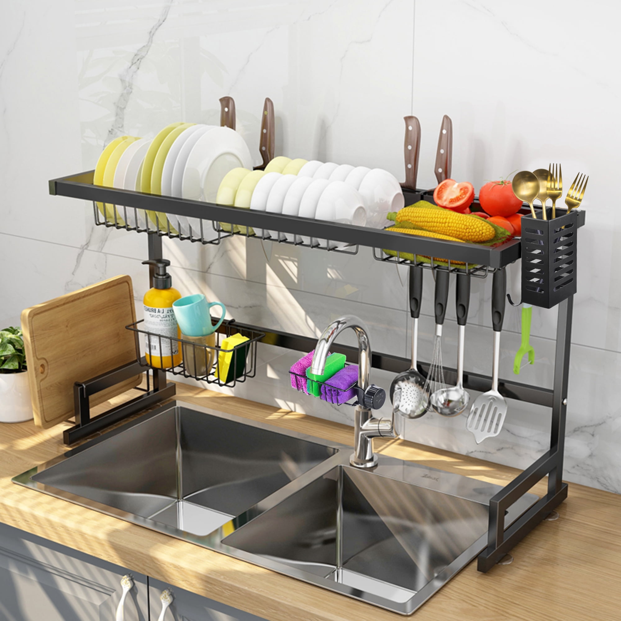 Over Sink Dish Drying Rack 2-Tier Stainless Steel Cutlery Drainer Kitchen Shelf