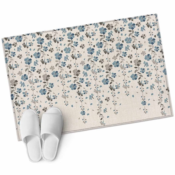 Weeping Flowers Bathroom Mat 2x3 FT, Non Slip Small Kitchen Mat, Blue Grey Spring Floral Botanical Rustic Burlap Washable Soft Backed Front Door Throw Rug Indoor Outdoor Doormat for Entryway Sink
