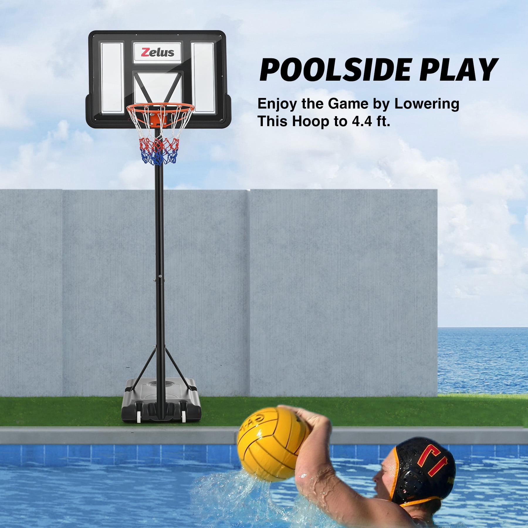 Zelus 4.4ft-10ft Adjustable Height 43.3"x29.5" Longevity Outdoor Portable Basketball Systems (Adult)