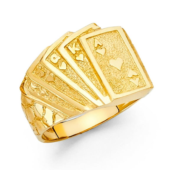 Solid 14k Yellow Gold Flush Of Hearts Poker Ring Lucky Charm Nugget Band Genuine Men 15MM Size 10