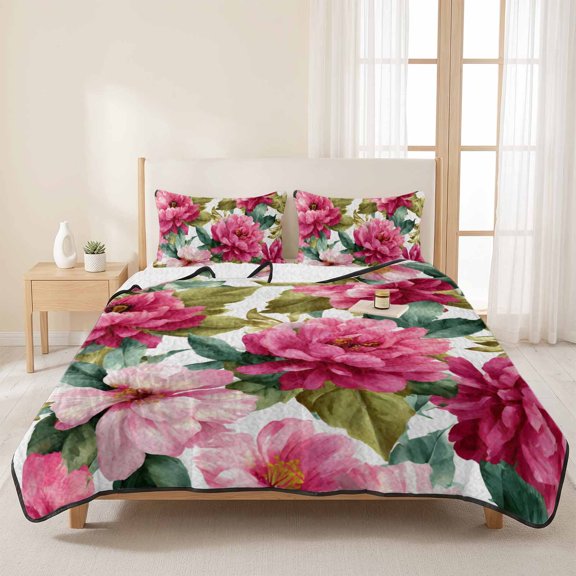 3 Piece Summer Bed Quilt Set King Size,Spring Watercolor Pink Flowers Lightweight Bedspread Coverlet with 2 Pillowcases Country Floral Leaf Soft Comforter Bedding Quilts for All Season
