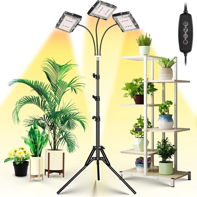 Grow Light with Stand Tri-Head LED Plant Light for Indoor Plants Full Spectrum LEDs Grow Lamp Timer Dimmable Levels Switch Modes Adjustable Tripod Stand - e