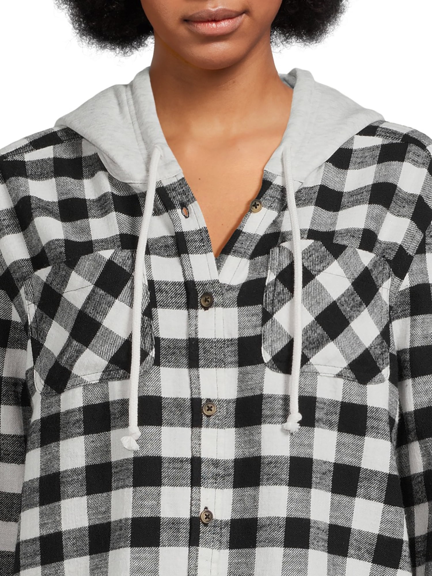 Time and Tru Women's Hooded Crop Flannel Shirt, Sizes XS-XXXL