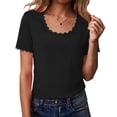 thumbnail image 2 of Mifsaly Crop Tops for Women Trendy Summer T Shirts Scoop Neck Short Sleeve Cropped Top Slim Fit Ribbed Knit Lace Patchwork Tee 2026 XL, 2 of 7
