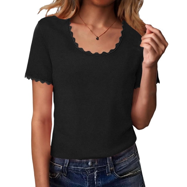 Camisetas de Manga Corta de Verano para Mujeres Moda Casual Color Sólido Encaje Cuello Redondo Suéter Mujer Camisetas de Manga Corta Casual
