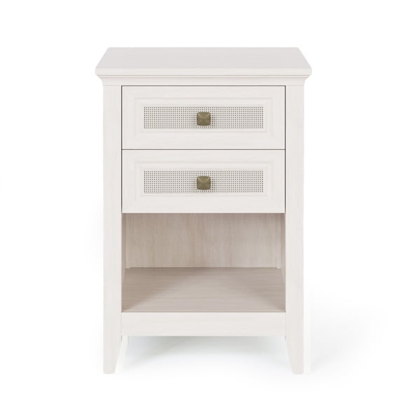 FUNA Grayish White Farmhouse Nightstand Boho Bedside Table with 2 Rattan Drawers and Open Storage Shelf