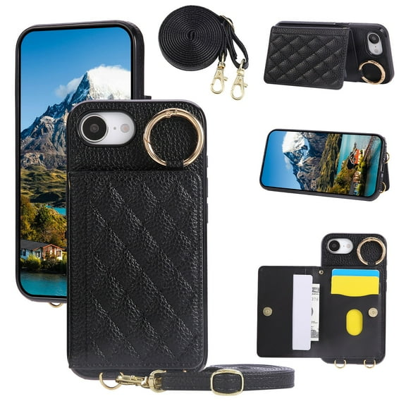 Allytechgroup Wallet Case for Apple iPhone 16e with Shoulder Strap/Card Slots/Cash Pocket/Metal Ring Kickstand Magnetic Closure PU Leather Shockproof TPU Bumper Non-Slip Grip Lightweigt Shell, Black