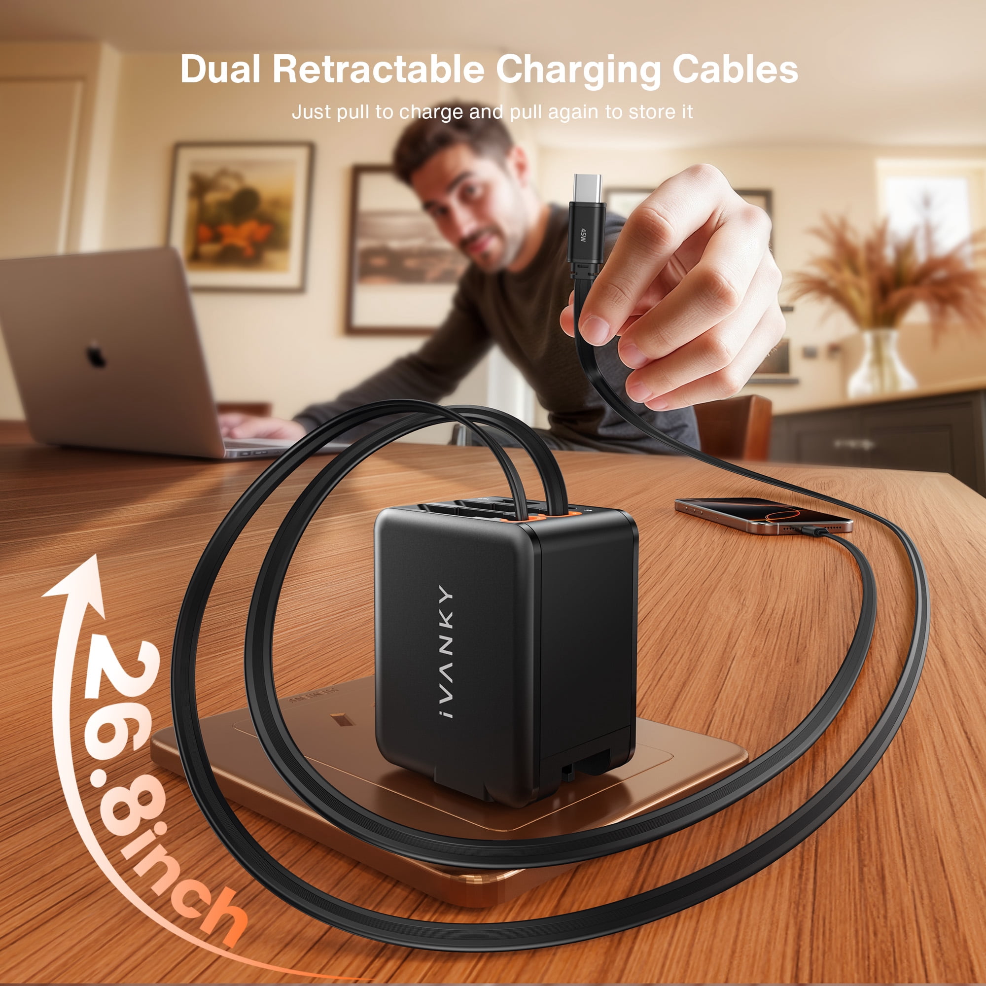 4-in-1 45W Fast Charging Retractable Wall Charger with Dual USB C Cables