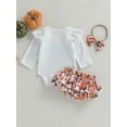 thumbnail image 4 of Wassery Baby Girls 3Pcs Halloween Outfits Infant Summer Clothes Pumpkin Printed Romper Top +Tutu Ruffle Shorts Skirt +Headband 0-18 Months, 4 of 9