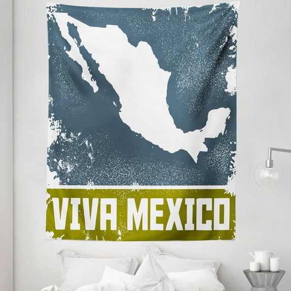 Grunge Tapestry, Vintage Via Mexico Lettering Retro Silhouette Style Map Travel Themed, Fabric Wall Hanging Decor for Bedroom Living Room Dorm, 5 Sizes, Slate Blue Fawn and White, by Ambesonne