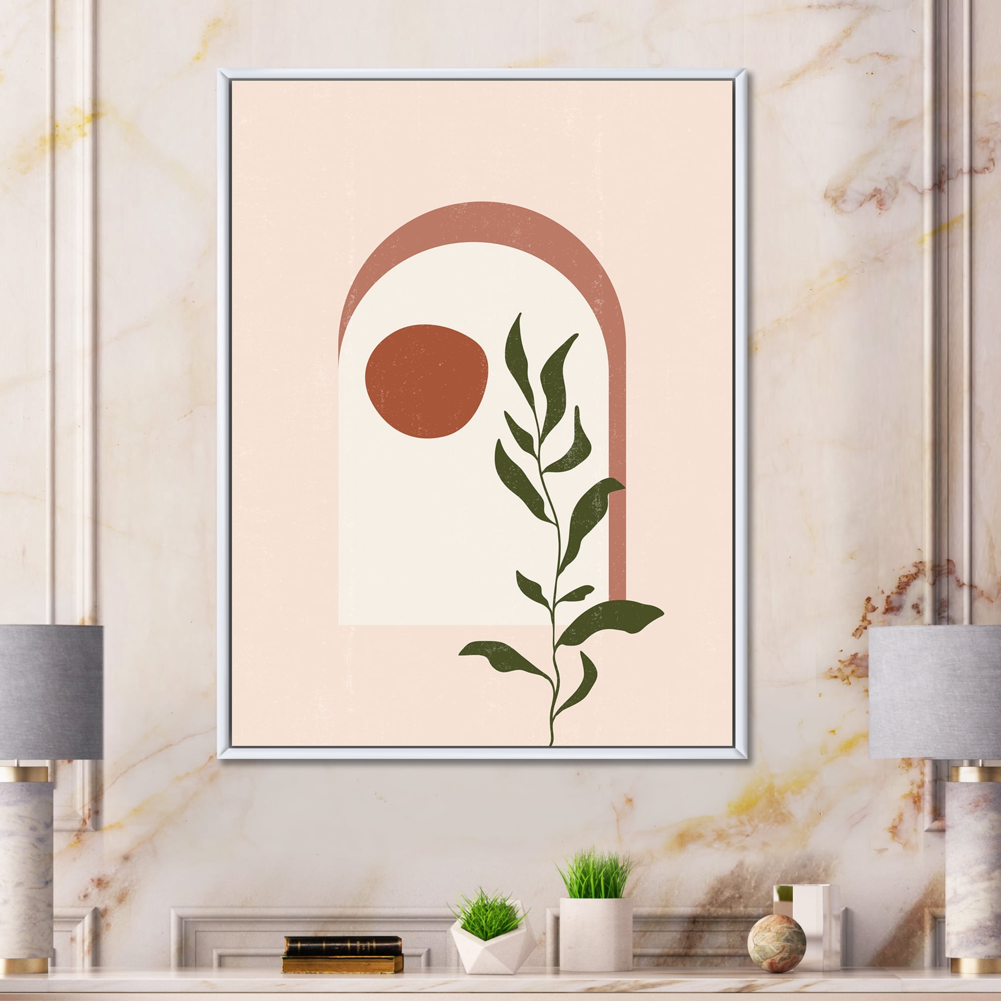 Designart 'Abstract Geometrical Leaf With Moon III' Modern Framed Canvas Wall Art Print