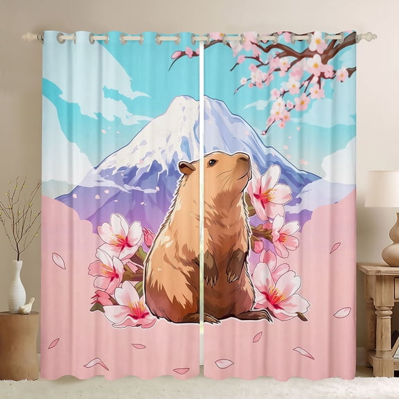 Erosebridal Kids Capybara Black Out Curtains For Capybara Lovers,Japanese Cherry Mountain Curtains Pack of 2 (42x63 Each)