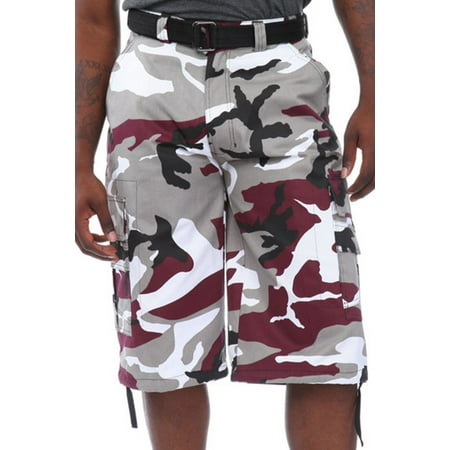 - Mens Guys Big N Tall BTL Camouflage Cotton Twill Belted Camo Cargo Shorts P212A-30-Burgundy Camo