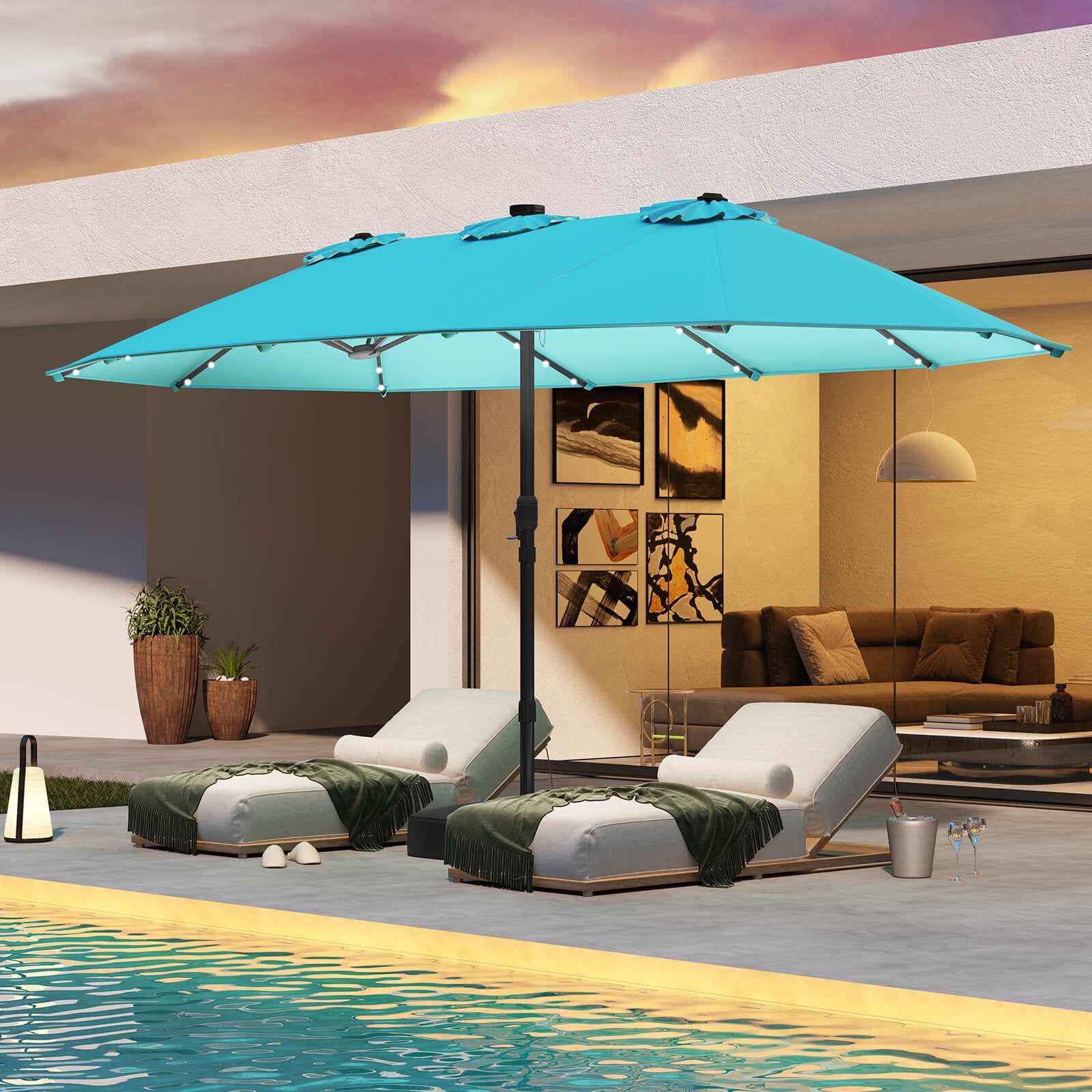 Costway 15 Ft Patio Double-Sided Solar LED Market Umbrella Crank 36 Lights Base Turquoise
