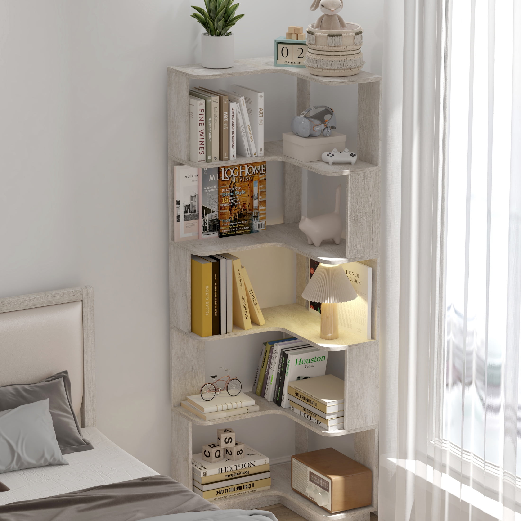 Noble House Vayen 65" L-Shaped Corner Bookshelf, 6-Tier Anti-Drop Wooden Bookcase, Open Storage Rack, Light Gray