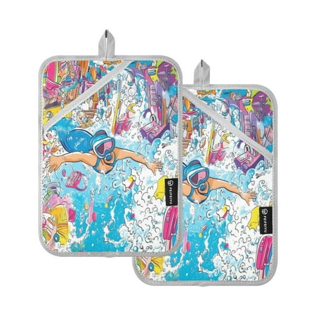 

Two Pieces Of Square Heat Insulation Pad Oven Mitts 7x9.8 Inch Oven Microwave Kitchen Cooking Baking Blue Diving