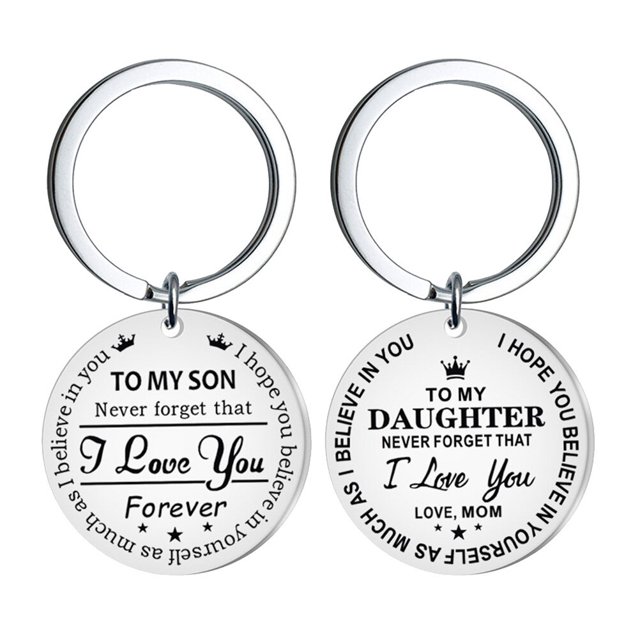 MasteelfCA 2pcs Stainless Steel Key Rings Graduation Birthday Gift Keychains Letter Printing Key Holder Round Pendant Craft Ornaments(1pc Son and 1pc Daughter)