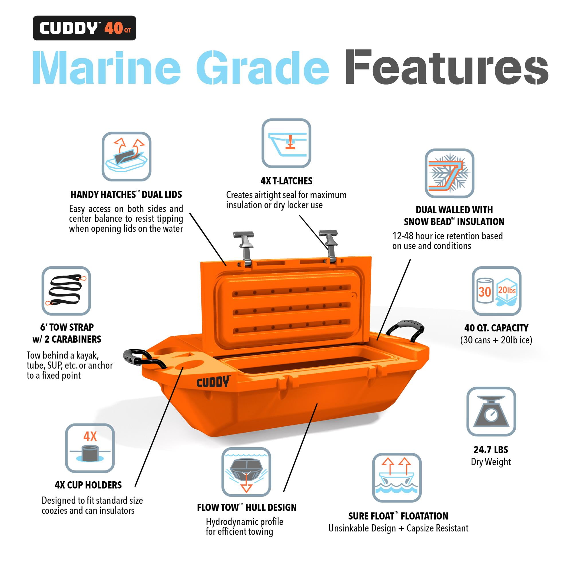 Cuddy Floating Cooler and Dry Storage Vessel - 40QT - Amphibious Hard Shell Design, Orange