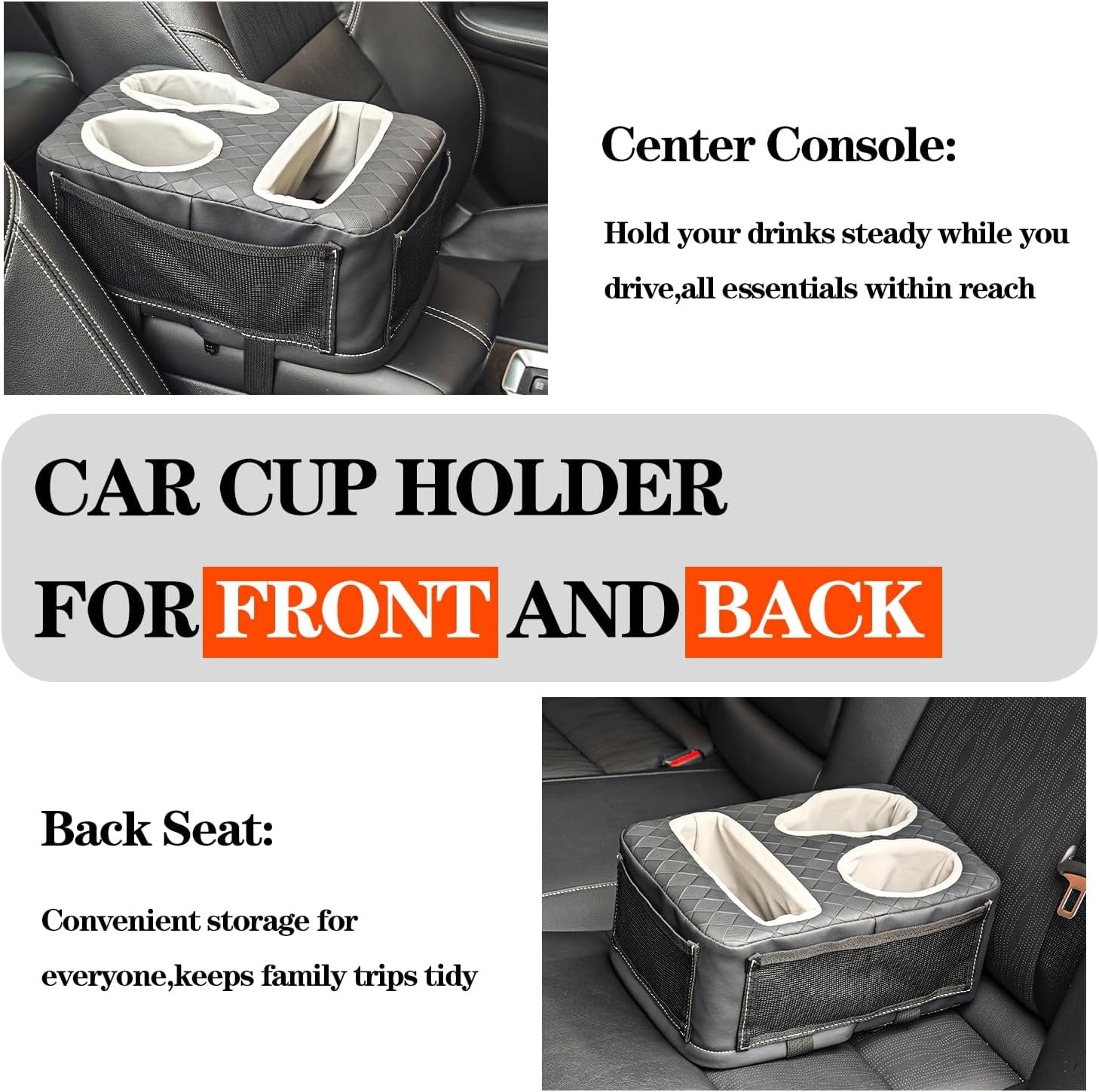 Auto Center Console Cup Holder Organizer, Universal PU Leather Armrest Storage Box with Tissue Holder & Side Pockets, Multi-use for Car Front/Back Seat, Truck, RV, Boat