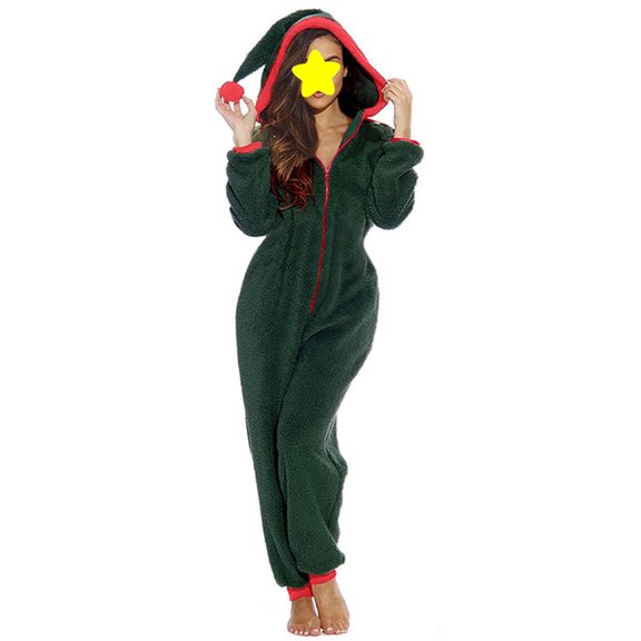 Women Christmas Fleece One Piece Pajamas Jumpsuit Plush Hooded Romper Warm Sleepwear Holiday Loungewear