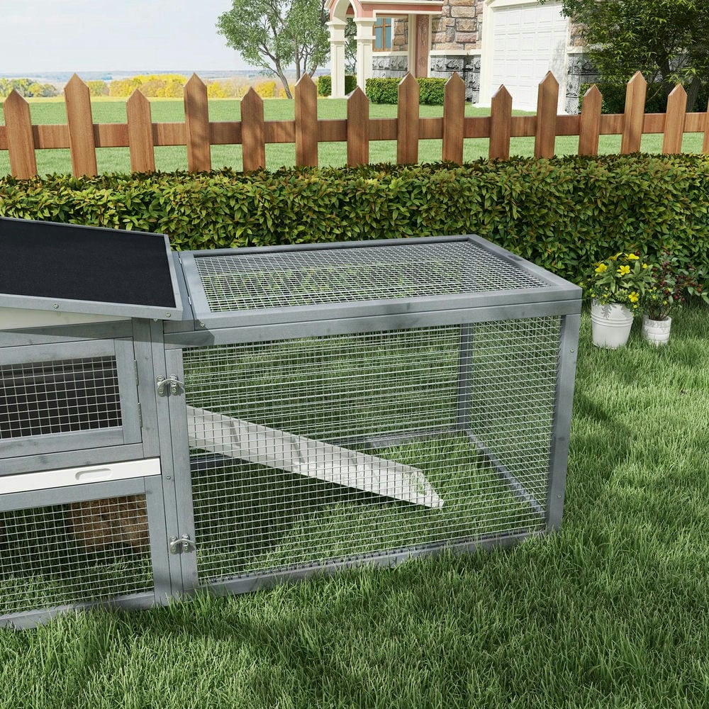 Canddidliike Large Rabbit Cage for Outdoor 61 inchL Guinea Pig Hutch w/ Run Feeding Trough Removable Tray Ramp Asphalt Roof, White