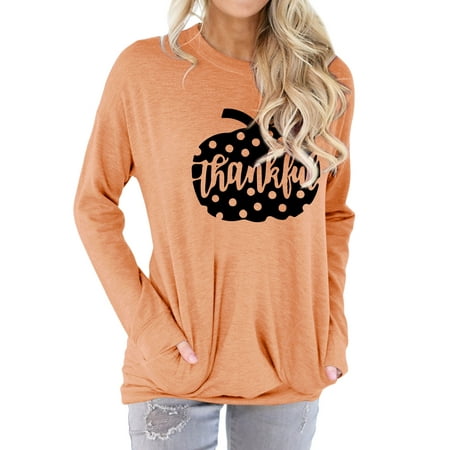 

TWY Women Pumpkin Graphic Letter Print Crew Neck Pocket Halloween Top