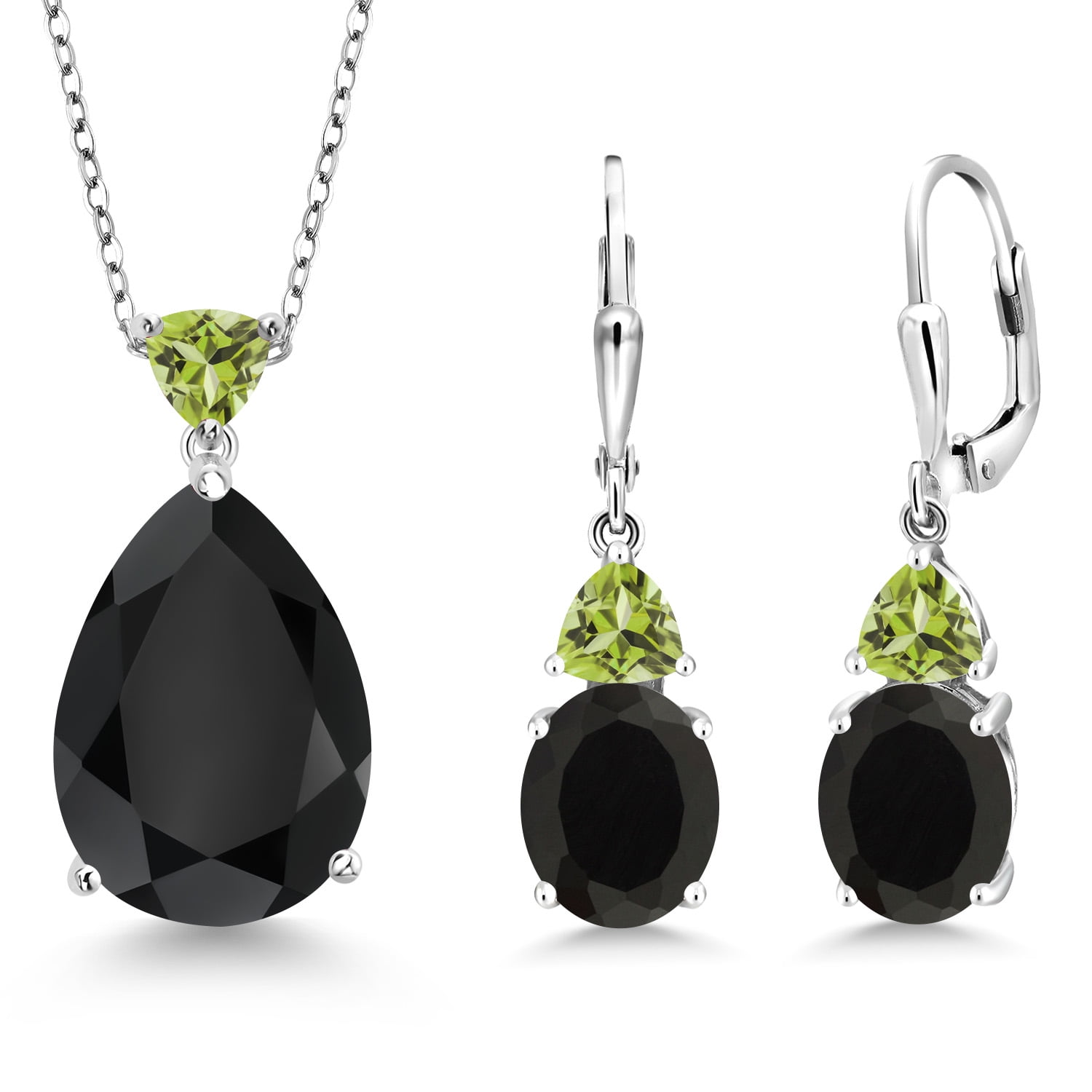 Gem Stone King 925 Sterling Silver Black Onyx and Green Peridot Pendant Earrings Jewelry Set for Women (16.35 Cttw, Pear Shape 18X13MM, with 18 inch Chain)