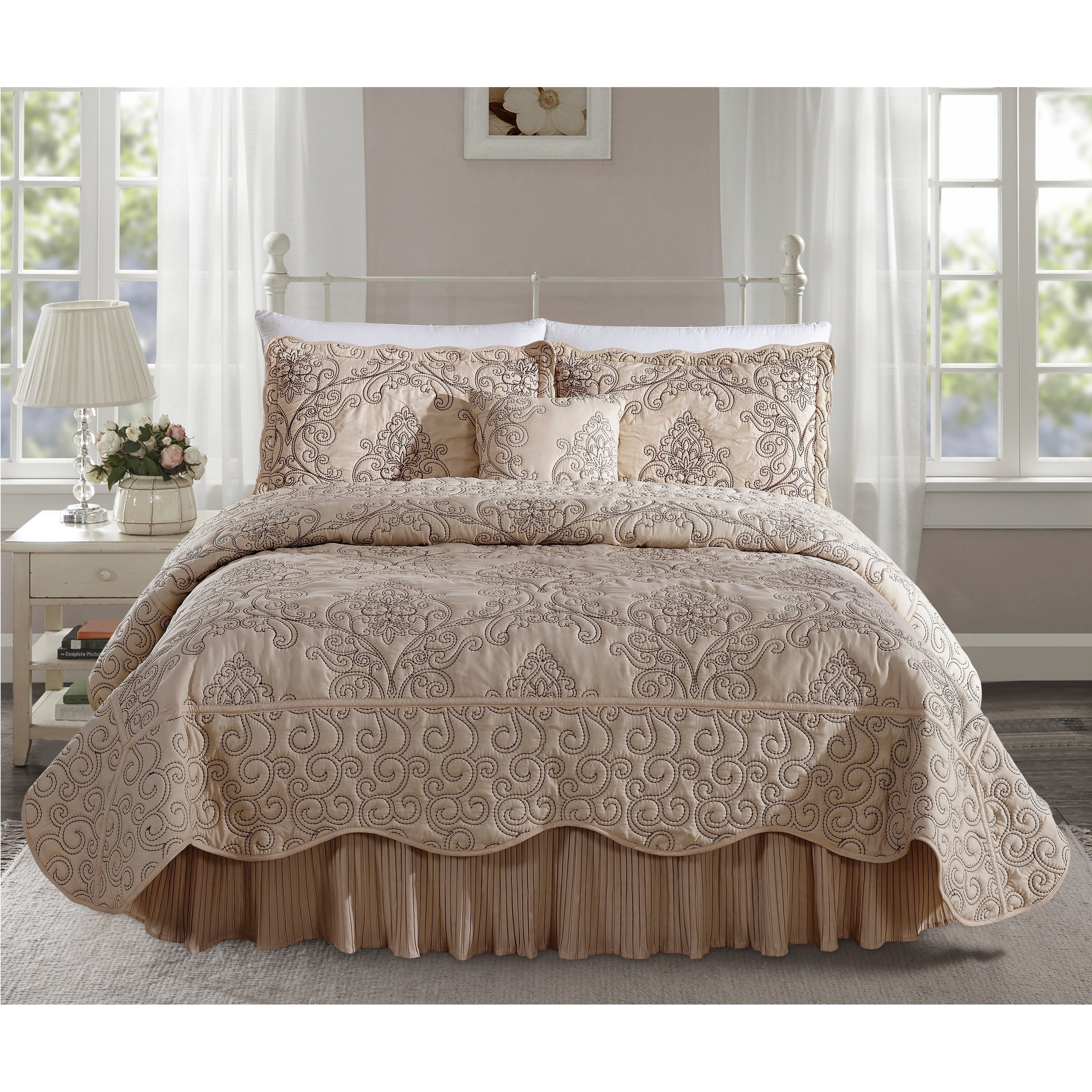 Serenta Damask 5 Piece Embroidery Coverlet Set with 18" Drop Pleated