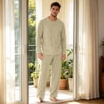 thumbnail image 5 of Dwelliawo Mens Pajama Set Pjs Sleepwear Lightweight Long Sleeve Pajama Top Elastic Waist Long Pants Soft Comfy Loungewear With Pocket Khaki XL, 5 of 6