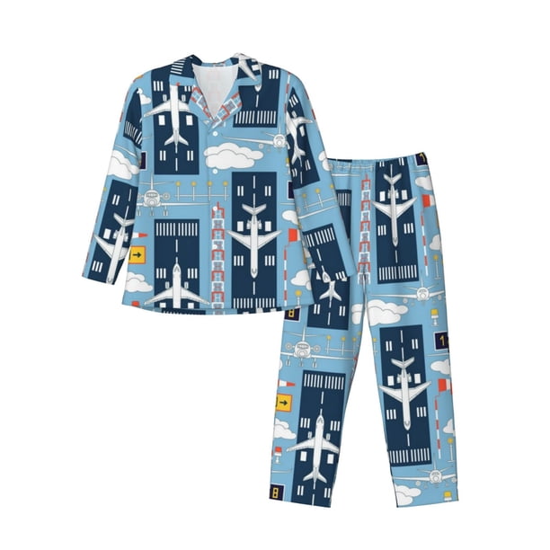 Fotbe Airplanes and Aviation Signs Pijama de Hombre con Estampado de Manga Larga, Conjunto de 2 Piezas, Ropa de Dormir Suave y Cómoda con Bolsillos-XX-Large