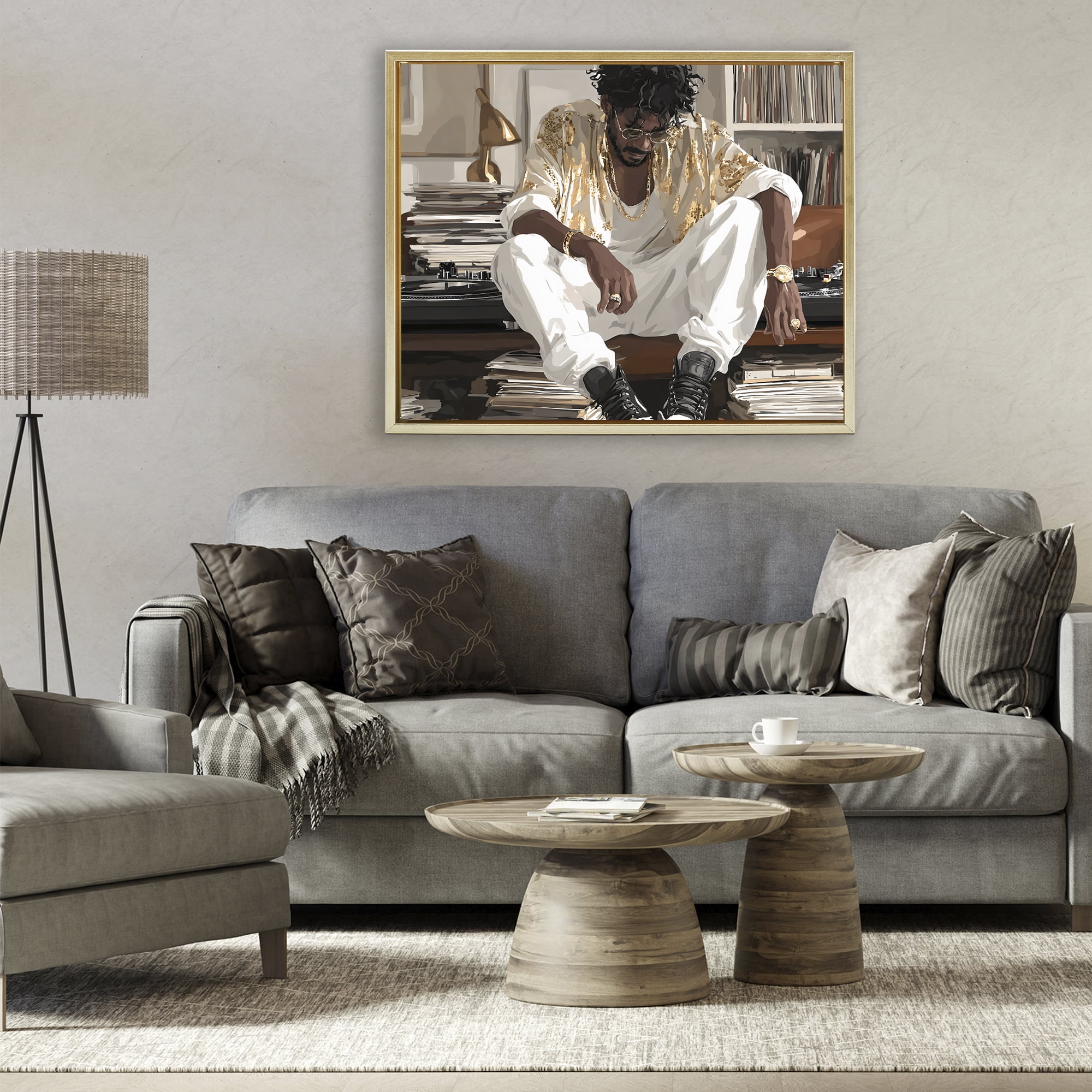 Stupell Industries DJ with Record Collection Gold Framed Floater Canvas Wall Art, design by Franklyn Gregory