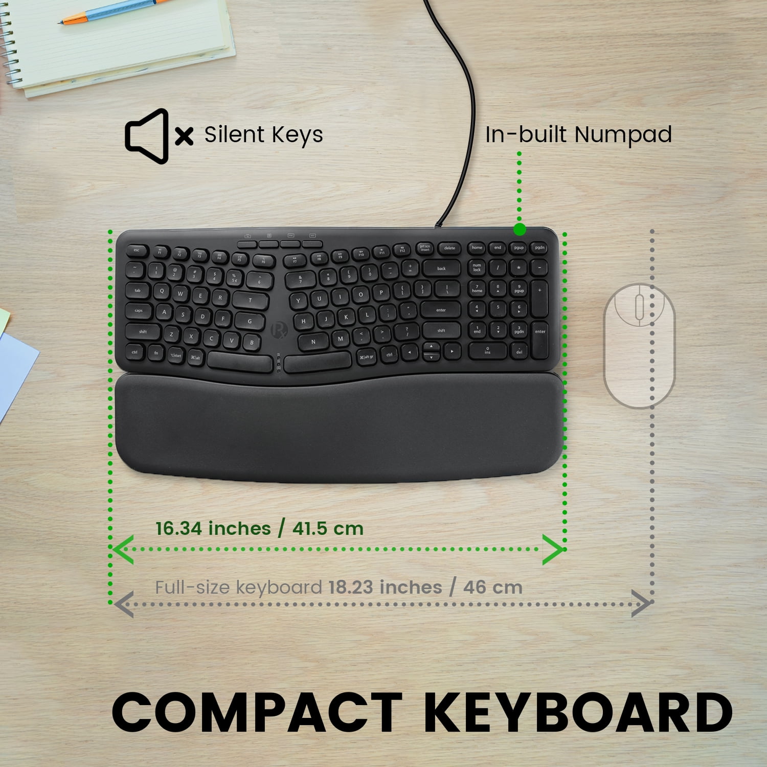Perixx PERIBOARD-536B Ergonomic Compact Wired USB Keyboard, Built-in Number Pad, Detachable Wrist Rest, Silent Typing, 16.34x5.71x1.61 Inches, Black