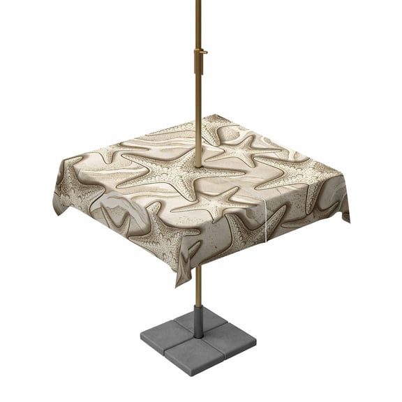 Outdoor Tablecloth with Umbrella Hole for Patio/Picnic/Party/Camping, Summer Starfish Waterproof Table Cloth Square Cover Washable, Coastal Cream Ocean Earthy Tones (60"x 60")