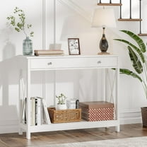 White Console Table with Drawer and Storage Shelves, Foyer Sofa Table Narrow for Entryway, Living Room, Hallway