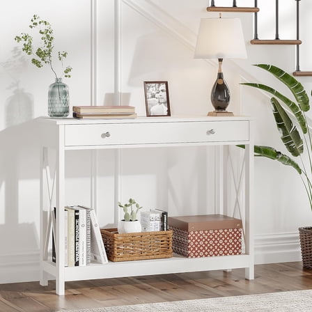 White Console Table with Drawer and Storage Shelves, Foyer Sofa Table Narrow for Entryway, Living Room, Hallway