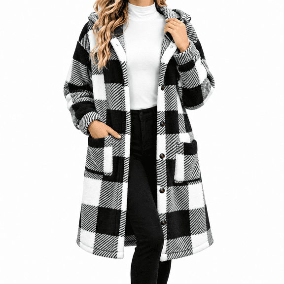 Dnhxils Jackets for Womens Fashion Hooded Plaid Jacket with Pockets Zip Up Long Sleeve Coat for Womens Winter Warm Clothes Black XL