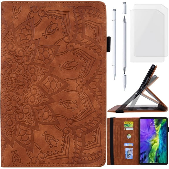 for iPad Pro M4 11" (2024) Leather Case, Matte Skin Feel Floral Embossed Folio Cover Stand Support, Card Slot Stylus Pen Holder, Soft TPU Inner Shell, Screen Protector
