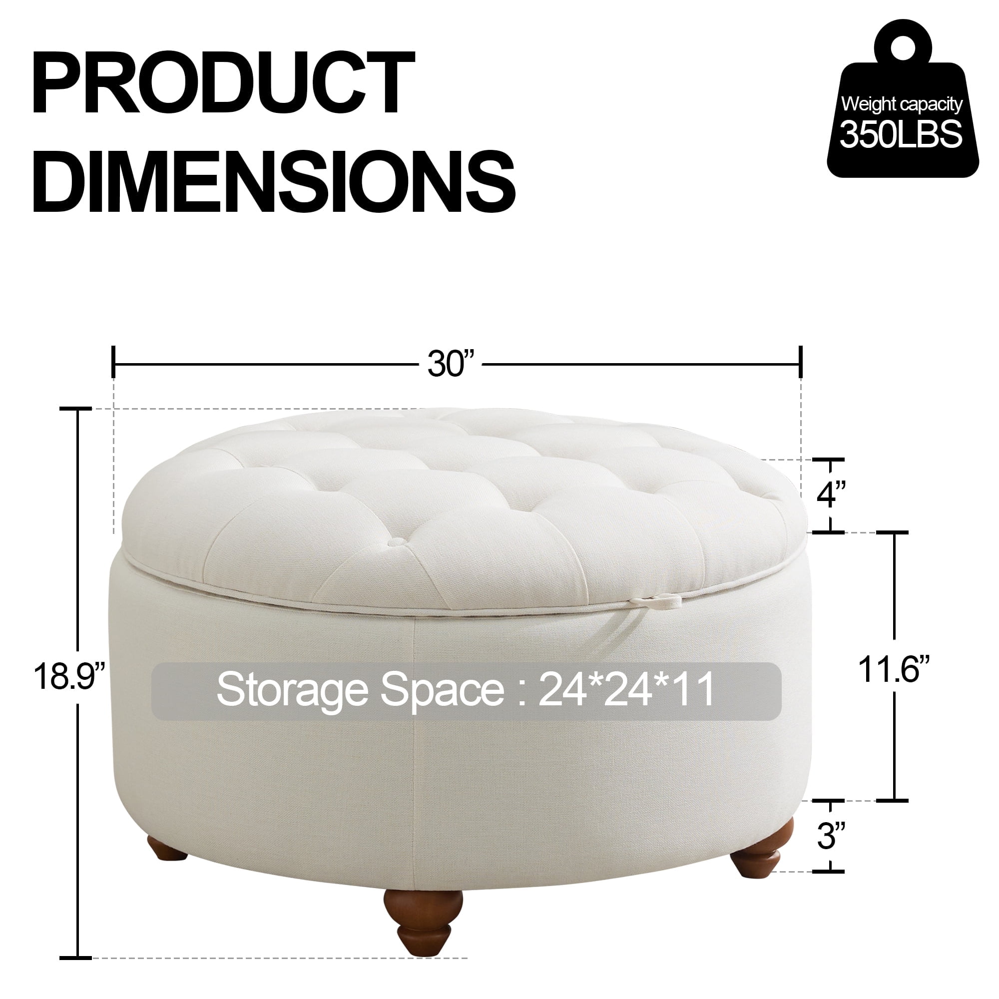 24'' Round Ottoman with Storage, Modern Tufted Fabirc Storage Ottoman with Removable Top for Living Room, Bedroom, Beige
