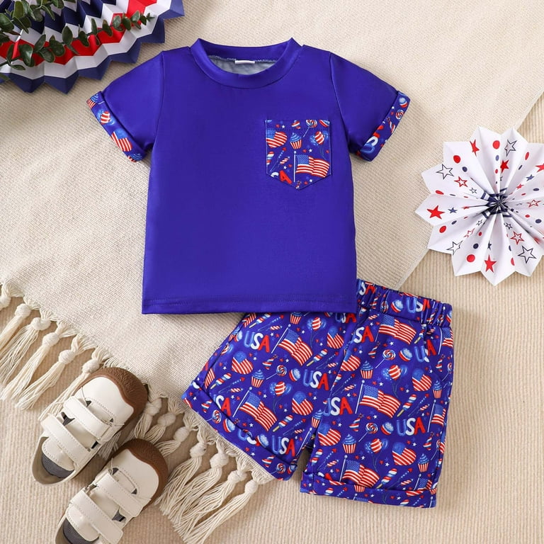 TOWED22 4th of July Baby Boy Outfit American Flag Shirt Plaid