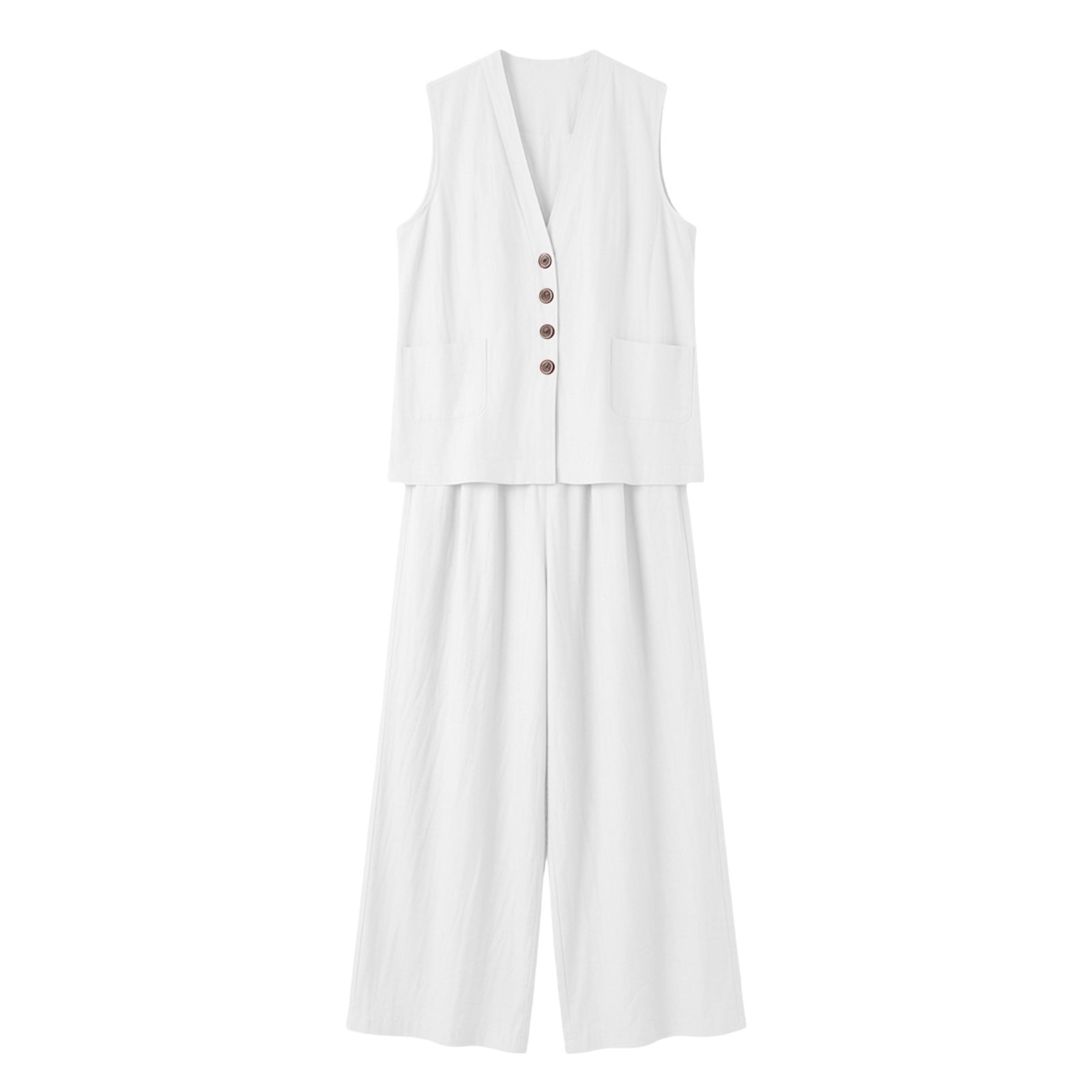 Women's Summer 2 Piece Lounge Set Dressy Sleeveless Button Down V Neck Top & Wide Leg Pants Office Travel Outfits