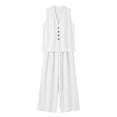thumbnail image 6 of Floleo Women Solid Two Piece Outfit V Neck Sleeveless Button Vest Top High Waist Faux Linen Wide Leg Pants Summer Matching Set, 6 of 6