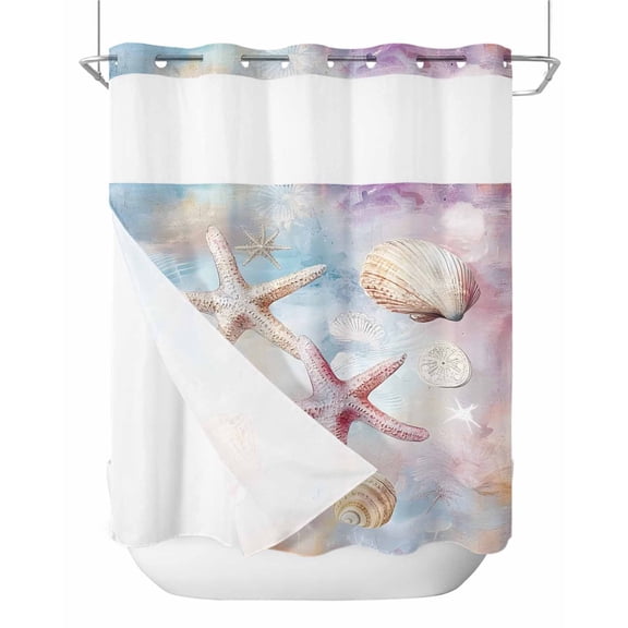 No Hook Shower Curtains with Snap in Liner, Summer Coastal Waterproof Fabric Shower Curtain, Starfish Shell Beach Nautical Colorful Double Layers & See-Through Top Window Bathroom Curtains 66''x72''