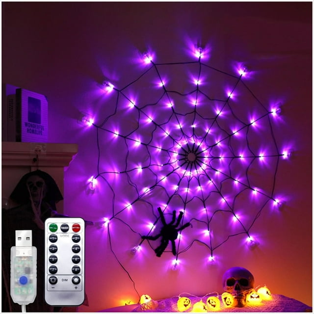 Luces de Tela de Araña de Halloween USB 8 Modos Luces de Red de Pared de Tela de Araña para Guirnalda de Decoración de Halloween Aterradora,B